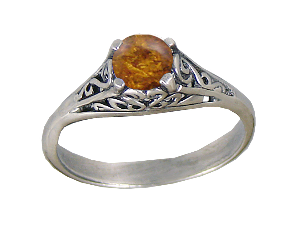 Sterling Silver Filigree Ring With Amber Size 6